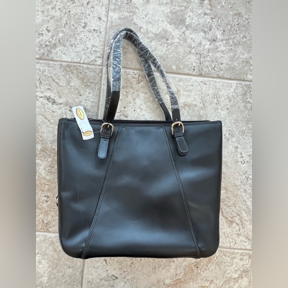 NWT Talbots Genuine Leather Black Zip Top Shoulder Purse Tote - Picture 2 of 11